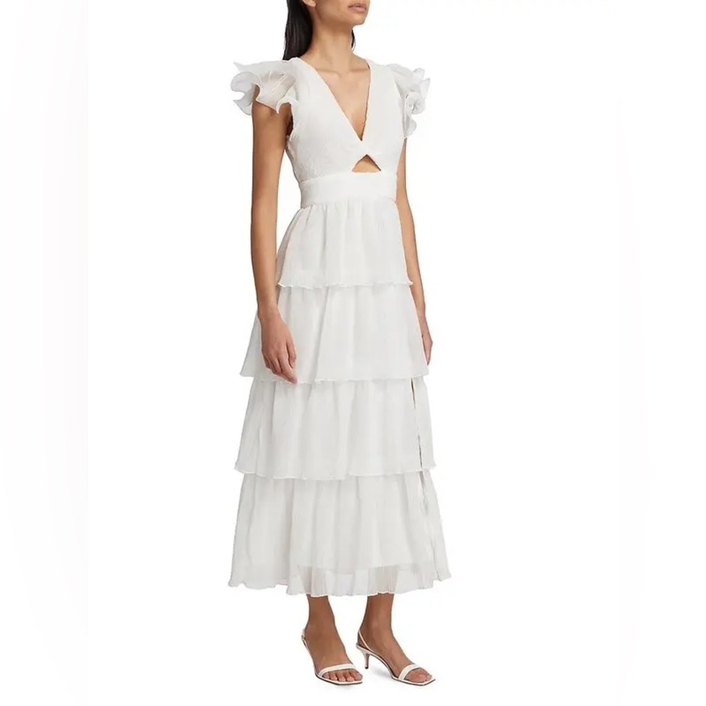 Astr White Ruffled Tiered Midi Dress with Cutout